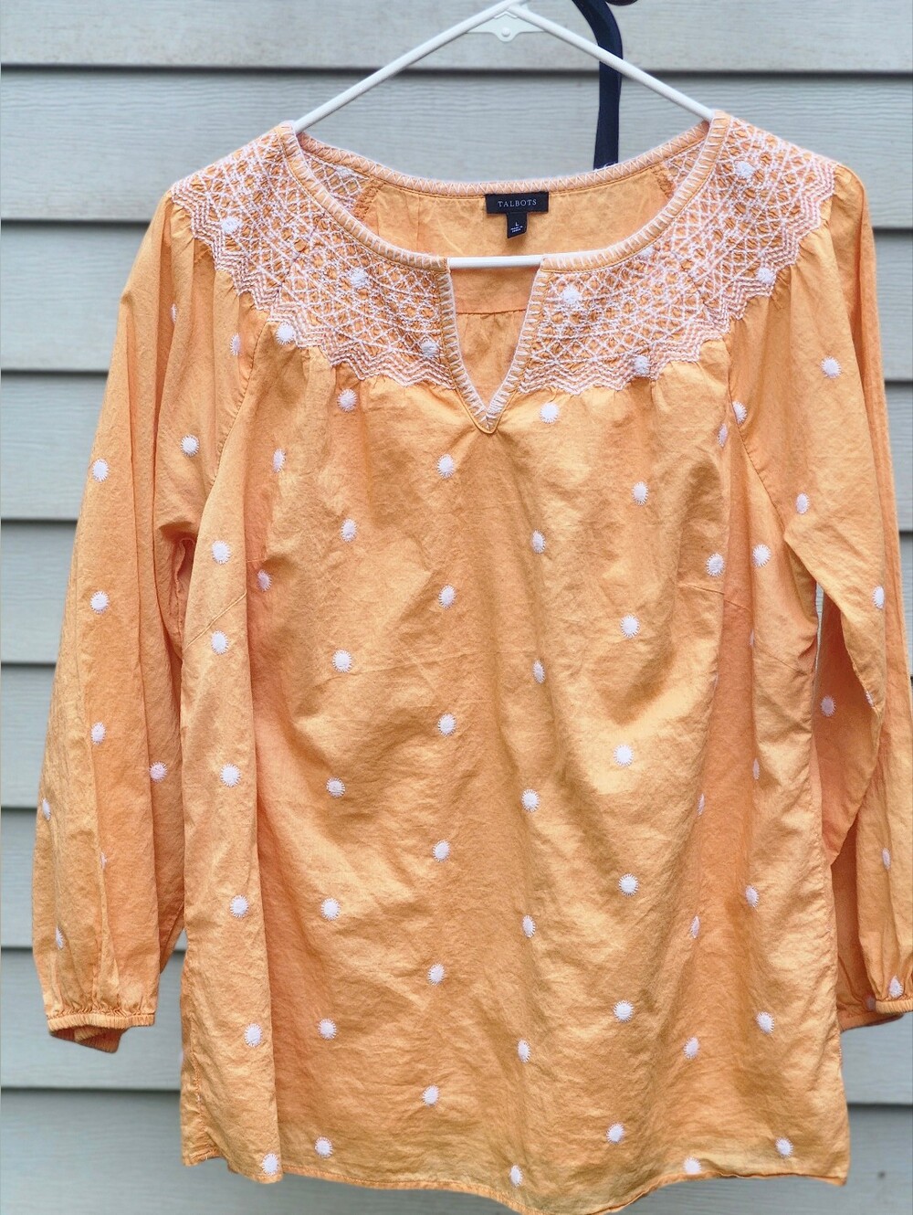 Talbots Embroided Orange Boho Blouse Polka Dot Peasant Top Size L